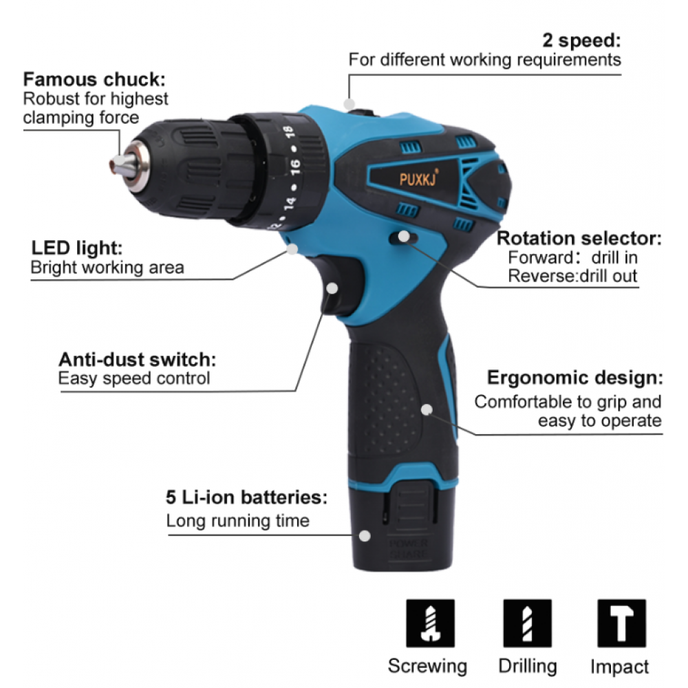 Электрические беспроводные инструменты 12В Li-Ion : Ручная  электрическая дрель - Шуруповерт  с набором инструментов