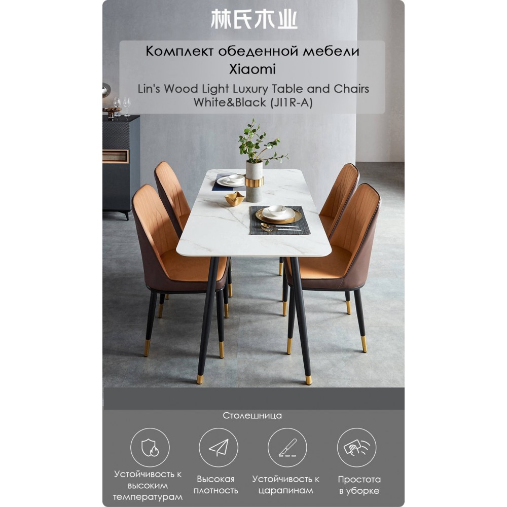 Комплект обеденной мебели стол 1.6м и 4 стула Xiaomi Lin's Wood Light Luxury Table and Four Chairs White&Black (JI1R-A+LS073S4-A)